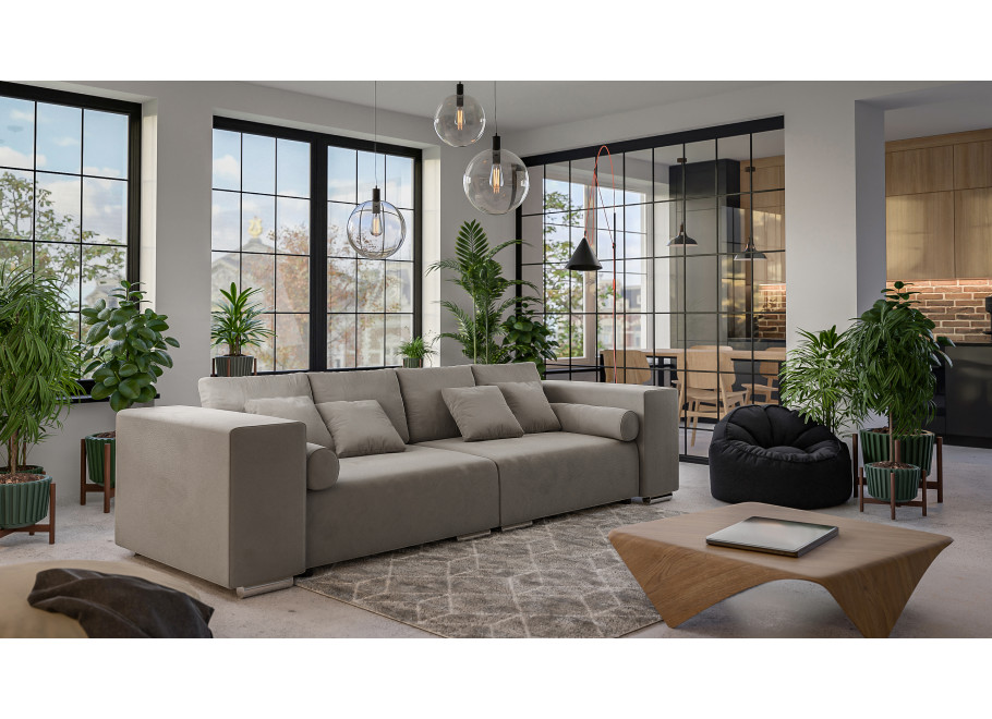 Trzyosobowa sofa szarobeżowa – model Lori, wygodna, do salonu, z funkcją spania i poduszkami 2