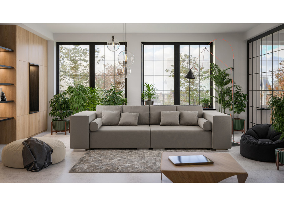 Trzyosobowa sofa szarobeżowa – model Lori, wygodna, do salonu, z funkcją spania i poduszkami 3