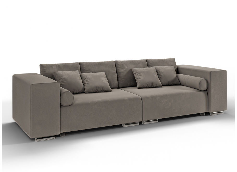 Trzyosobowa sofa szarobeżowa – model Lori, wygodna, do salonu, z funkcją spania i poduszkami