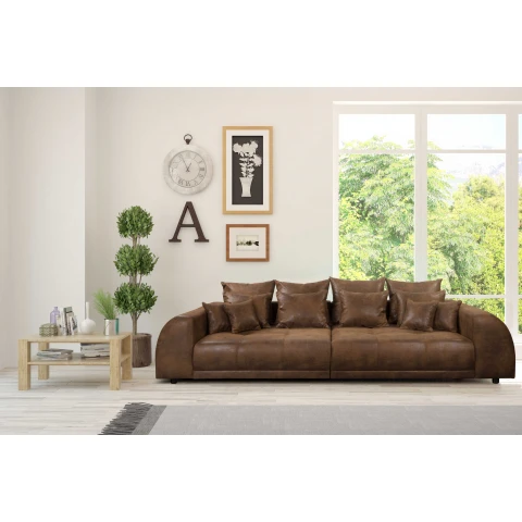 Sofa Noemi czteroosobowa – brązowa ekoskóra, wygodna, z poduszkami, do salonu