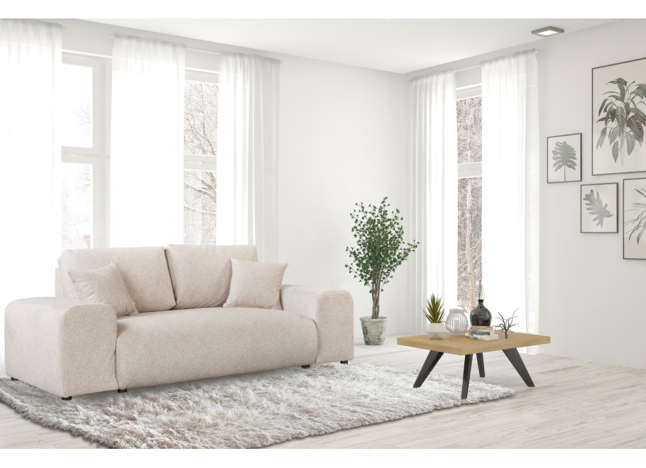 Sofa dwuosobowa Candi beżowa – wygodna, z poduszkami, nowoczesna propozycja do salonu 2
