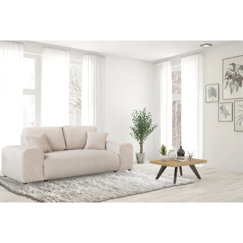 Sofa dwuosobowa Candi beżowa – wygodna, z poduszkami, nowoczesna propozycja do salonu