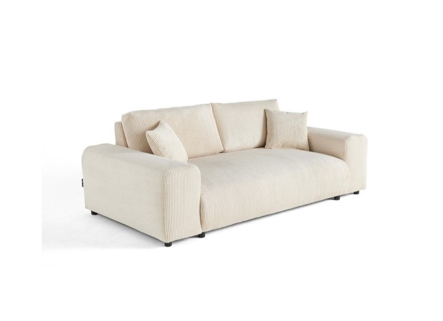 Beżowa sofa Candi z tkaniny sztruksowej – 3-osobowa, kompaktowa, z dekoracyjnymi poduszkami 1