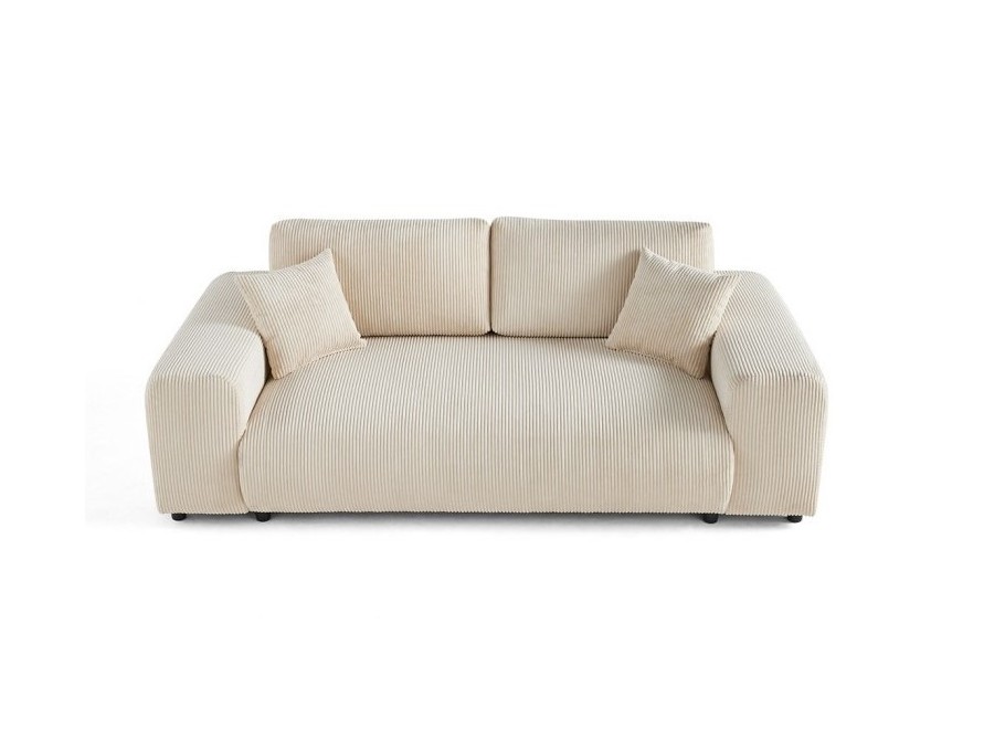 Beżowa sofa Candi z tkaniny sztruksowej – 3-osobowa, kompaktowa, z dekoracyjnymi poduszkami 3