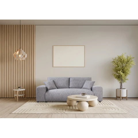 Sofa Candi szara – nowoczesna forma, trzyosobowa, z poduszkami, do mniejszych przestrzeni