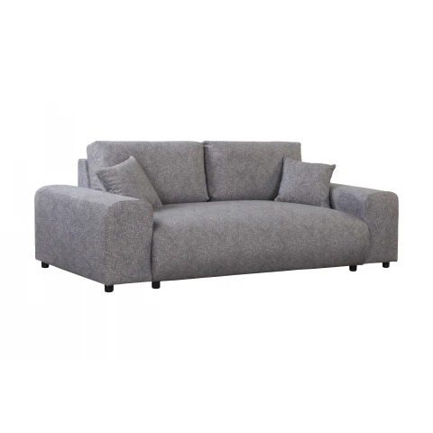 Sofa Candi szara – nowoczesna forma, trzyosobowa, z poduszkami, do mniejszych przestrzeni