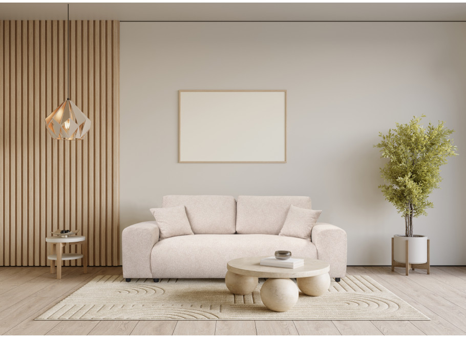 Beżowa sofa Candi – trzyosobowa, nowoczesna, z poduszkami, idealna do przytulnego salonu 2