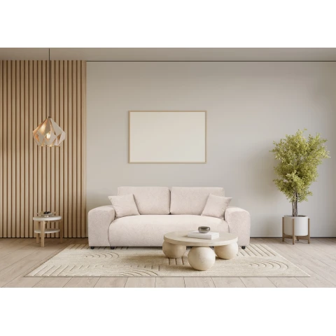 Beżowa sofa Candi – trzyosobowa, nowoczesna, z poduszkami, idealna do przytulnego salonu