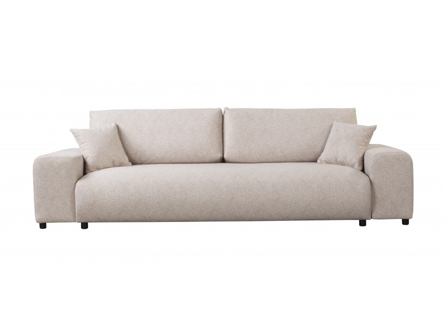 Beżowa sofa do salonu – Candi, czteroosobowa, z poduszkami i praktyczną funkcją spania 3