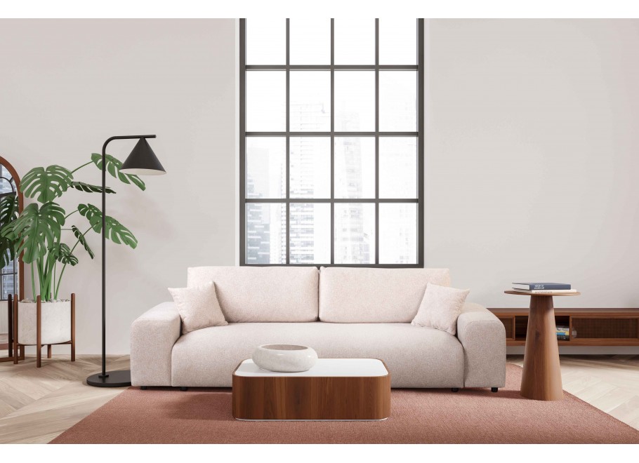 Beżowa sofa do salonu – Candi, czteroosobowa, z poduszkami i praktyczną funkcją spania 2