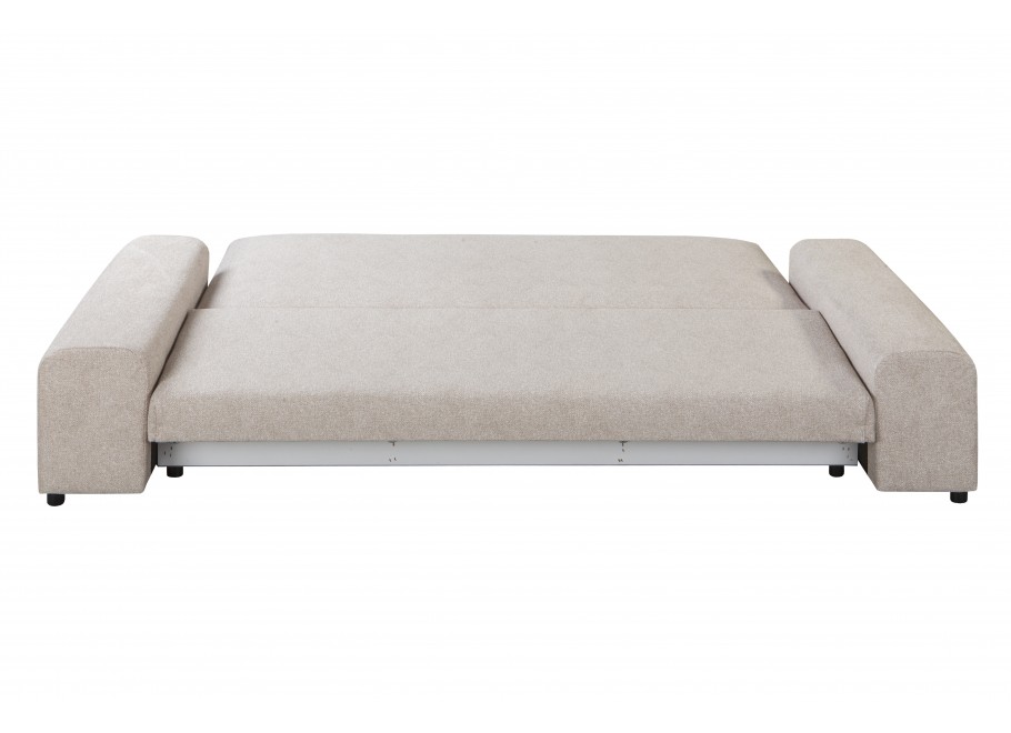 Beżowa sofa do salonu – Candi, czteroosobowa, z poduszkami i praktyczną funkcją spania 7