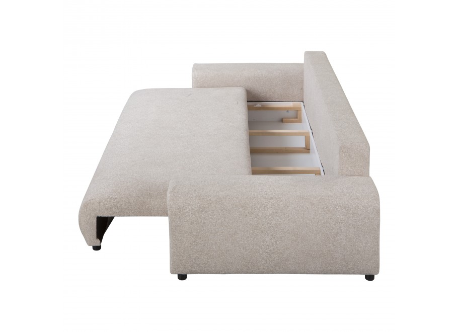 Beżowa sofa do salonu – Candi, czteroosobowa, z poduszkami i praktyczną funkcją spania 9