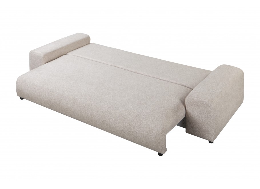 Beżowa sofa do salonu – Candi, czteroosobowa, z poduszkami i praktyczną funkcją spania 10