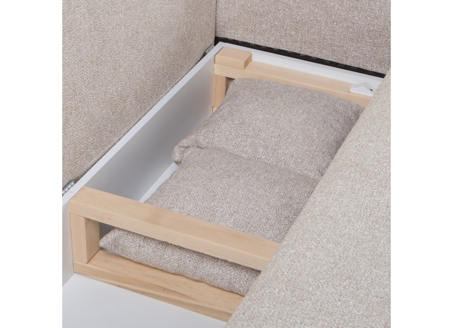 Beżowa sofa do salonu – Candi, czteroosobowa, z poduszkami i praktyczną funkcją spania 11