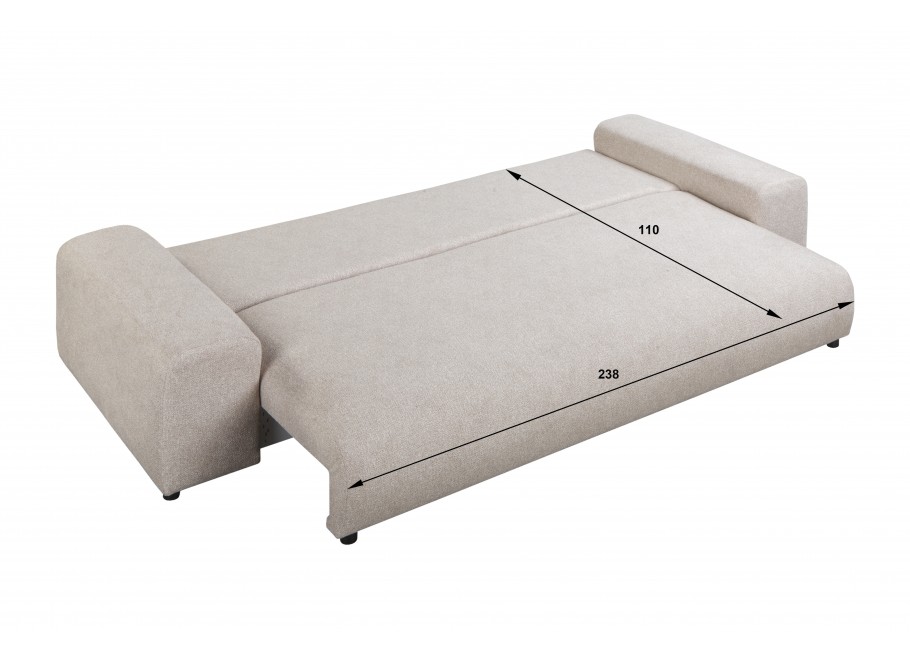 Beżowa sofa do salonu – Candi, czteroosobowa, z poduszkami i praktyczną funkcją spania 18