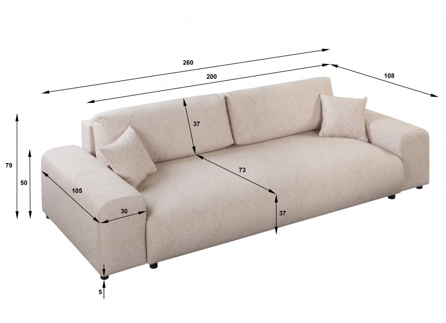 Beżowa sofa do salonu – Candi, czteroosobowa, z poduszkami i praktyczną funkcją spania 17