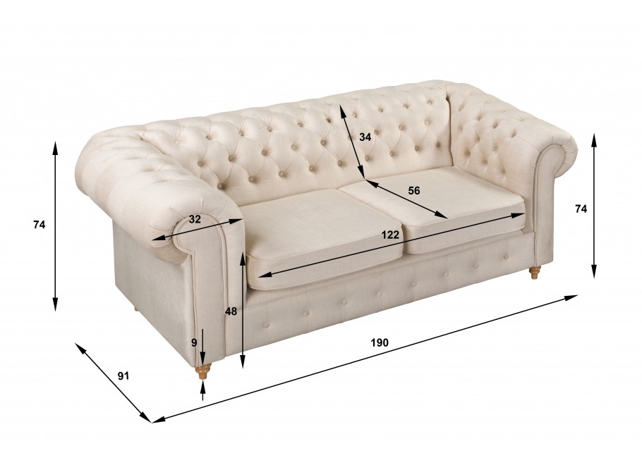 Beżowa sofa dwuosobowa pikowana Chesterfield z funkcją spania Fins 16