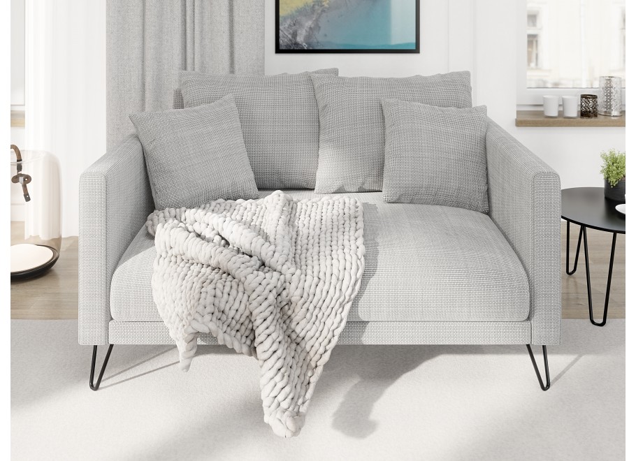 Szara sofa dwuosobowa Ovi z poduszkami na wysokich metalowych nogach - Flow 16