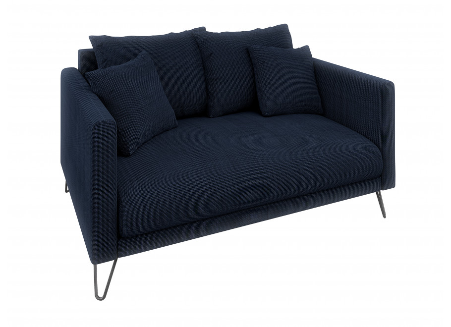 Granatowa sofa Ovi – elegancka kanapa z poduszkami, na metalowych nogach