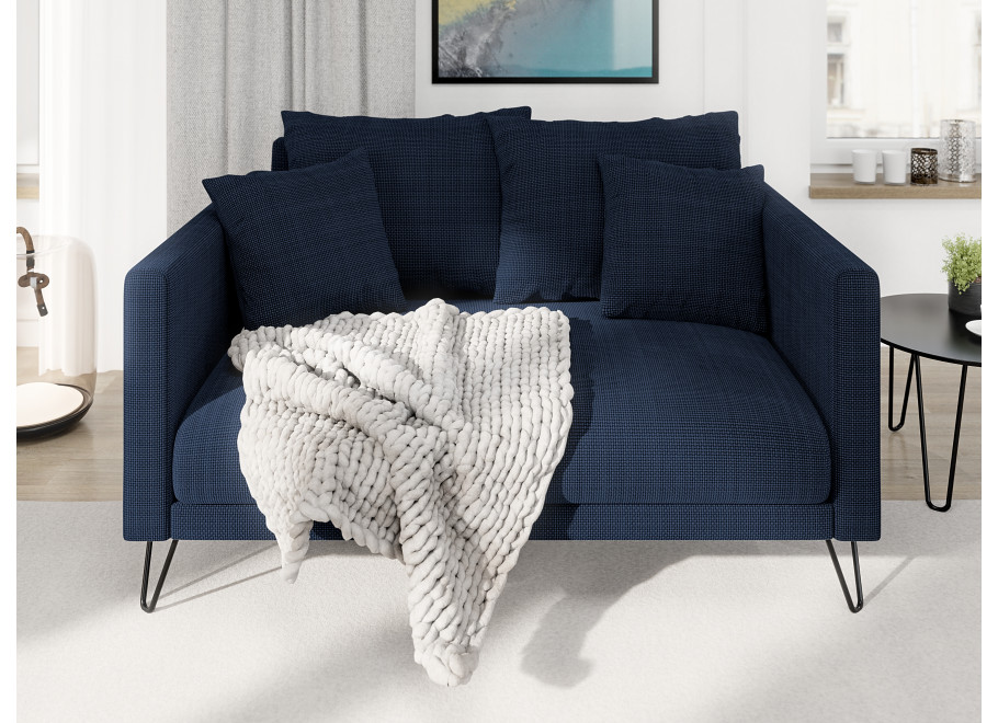 Granatowa sofa Ovi – elegancka kanapa z poduszkami, na metalowych nogach 2