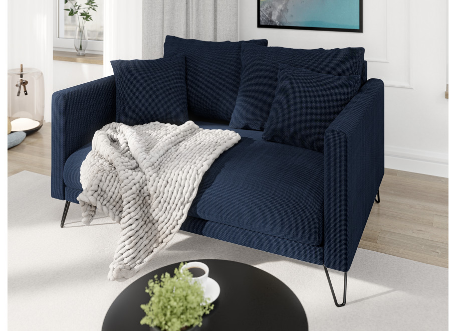 Granatowa sofa Ovi – elegancka kanapa z poduszkami, na metalowych nogach 3