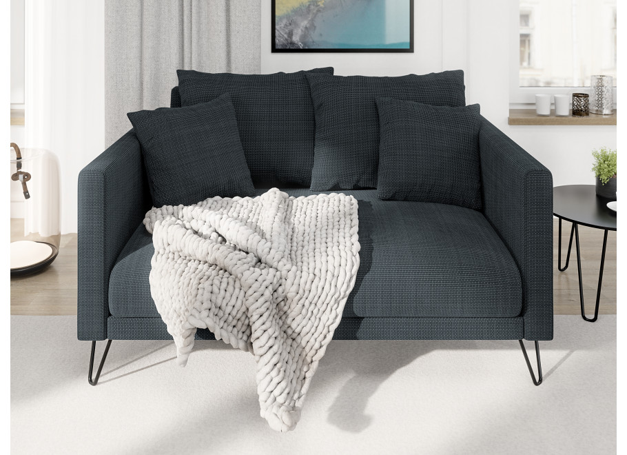 Kanapa grafitowa Ovi – wygodna sofa z poduszkami na czarnych nogach 3