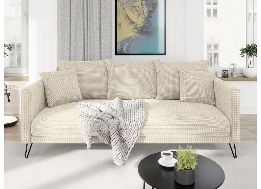 Kremowa sofa Ovi – nowoczesna, trzyosobowa, z poduszkami, na metalowych nogach - Flow 5