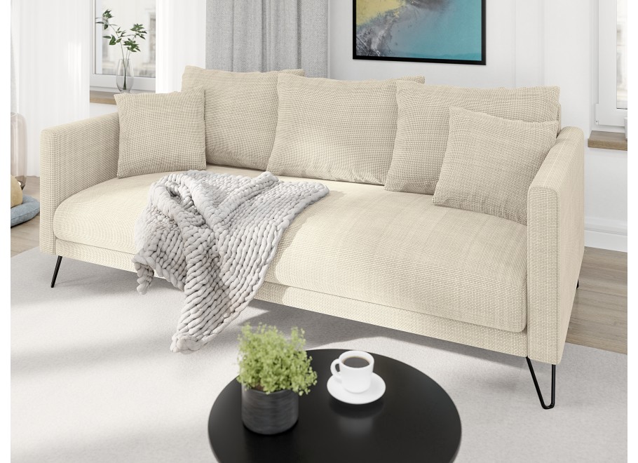 Kremowa sofa Ovi – nowoczesna, trzyosobowa, z poduszkami, na metalowych nogach - Flow 5