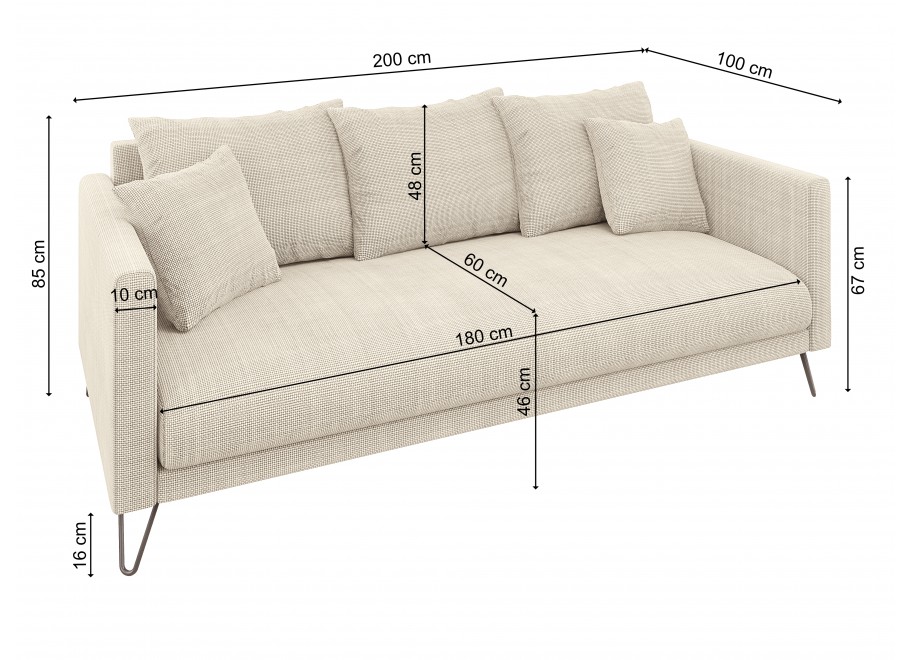 Kremowa sofa Ovi – nowoczesna, trzyosobowa, z poduszkami, na metalowych nogach 5