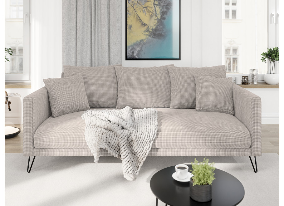 Sofa Ovi w kolorze jasnoszarym – z poduszkami, na wysokich metalowych nogach 3