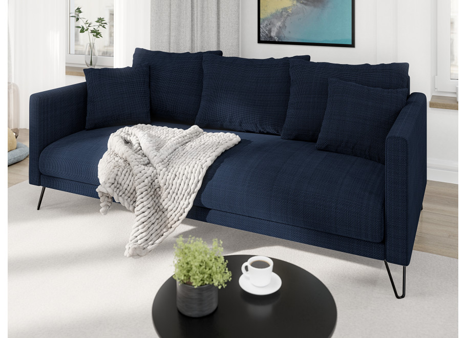 Trzyosobowa sofa granatowa Ovi na wysokich nogach – z wygodnymi poduszkami 2