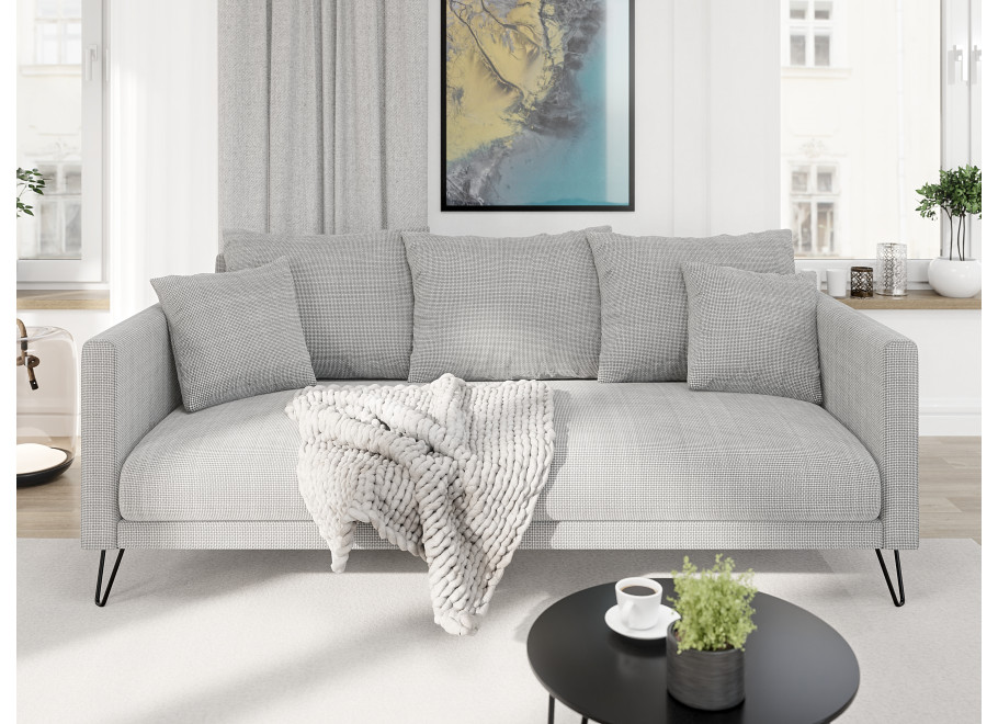 Nowoczesna sofa Ovi w kolorze szarym z poduszkami, na metalowych nogach 3