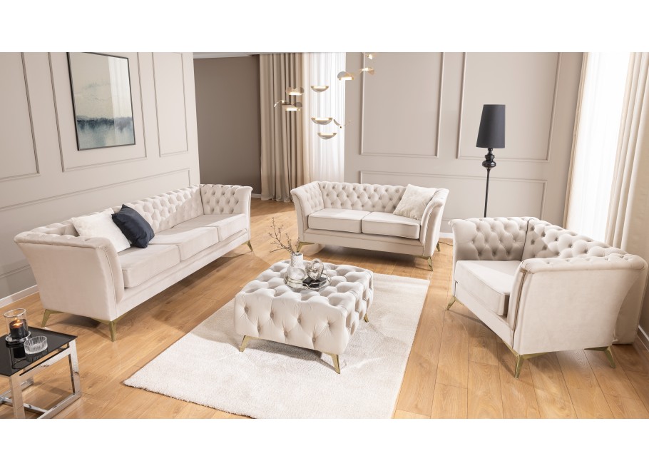 Sofa beżowa Chesterfield HASSO BIS – pikowana, trzyosobowa, na wysokich nogach - Riviera 21