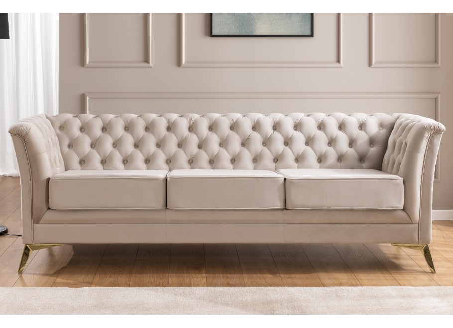 Sofa beżowa Chesterfield HASSO BIS – pikowana, trzyosobowa, na wysokich nogach - Riviera 21