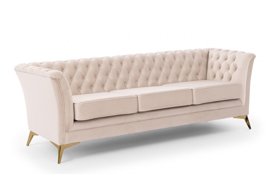 Sofa beżowa Chesterfield HASSO BIS – pikowana, trzyosobowa, na wysokich nogach - Riviera 21