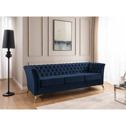 Sofa trzyosobowa granatowa pikowana Chesterfield HASSO BIS – wygodna, elegancka