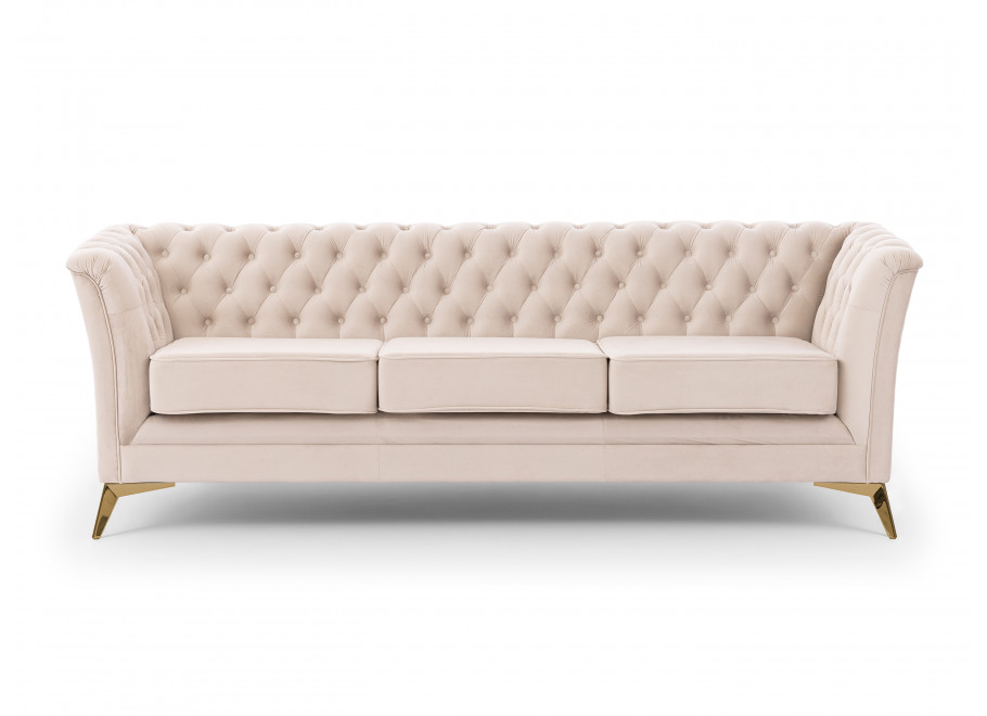 Sofa beżowa Chesterfield HASSO BIS – pikowana, trzyosobowa, na wysokich nogach