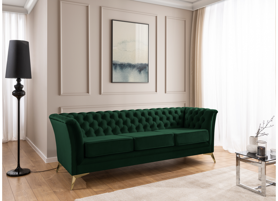 Pikowana sofa Chesterfield butelkowa zieleń – model HASSO BIS, trzyosobowa 8