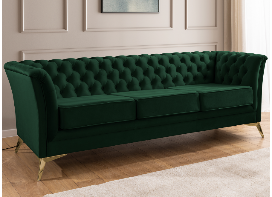 Pikowana sofa Chesterfield butelkowa zieleń – model HASSO BIS, trzyosobowa 10