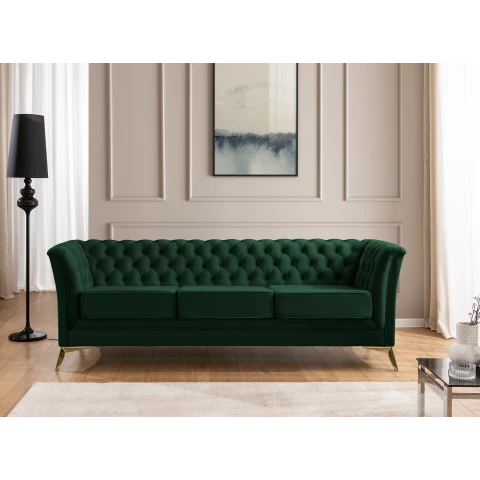 Pikowana sofa Chesterfield butelkowa zieleń – model HASSO BIS, trzyosobowa