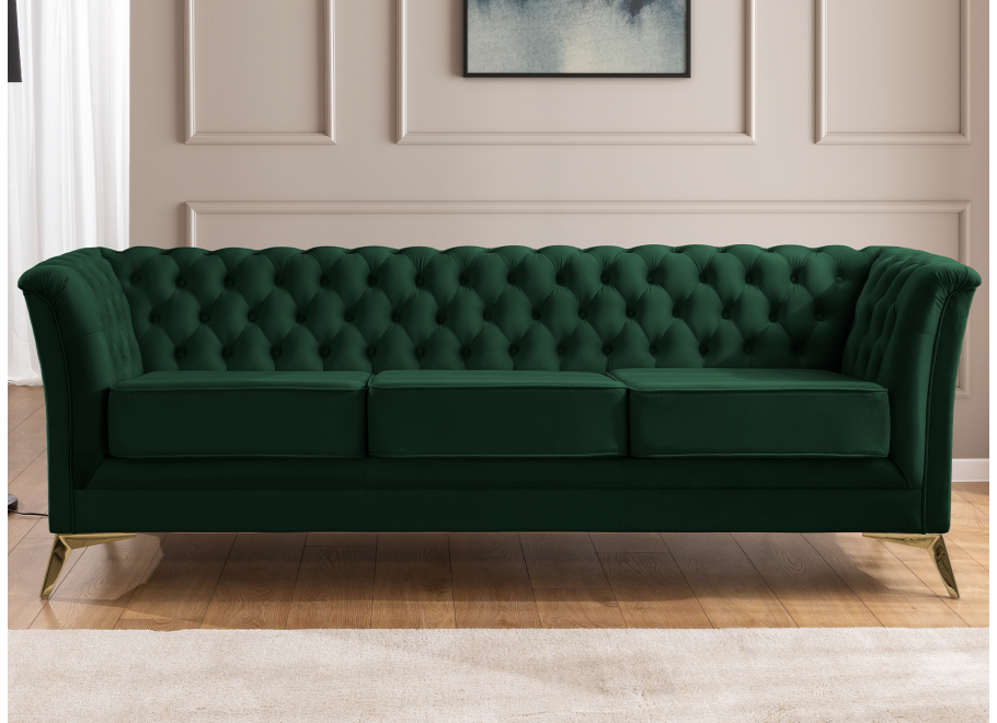 Pikowana sofa Chesterfield butelkowa zieleń – model HASSO BIS, trzyosobowa 11
