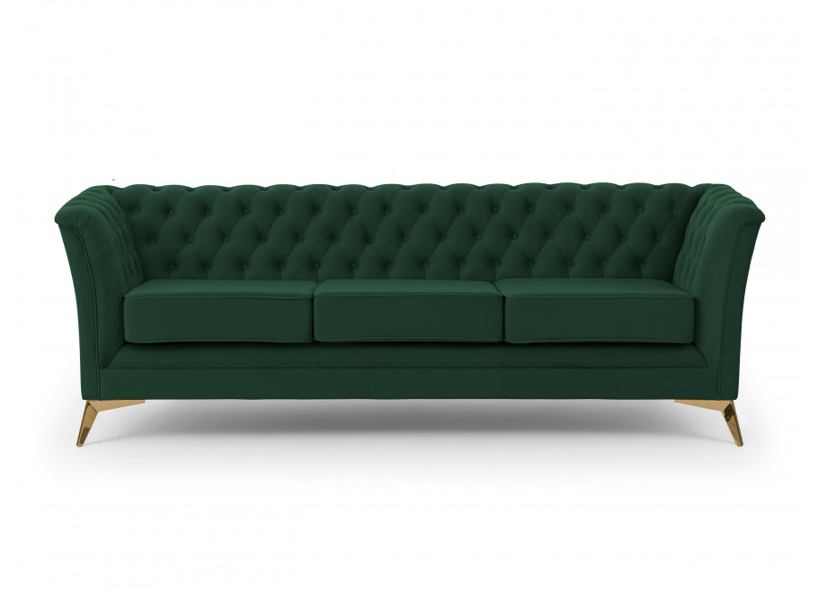 Pikowana sofa Chesterfield butelkowa zieleń – model HASSO BIS, trzyosobowa