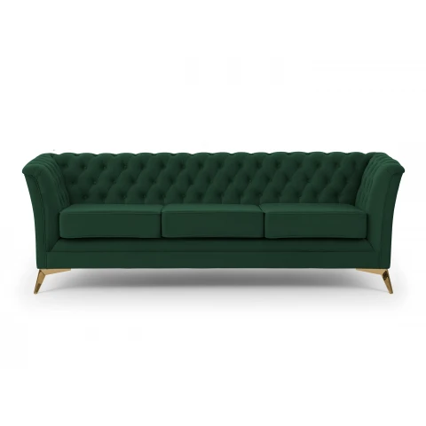 Pikowana sofa Chesterfield butelkowa zieleń – model HASSO BIS, trzyosobowa