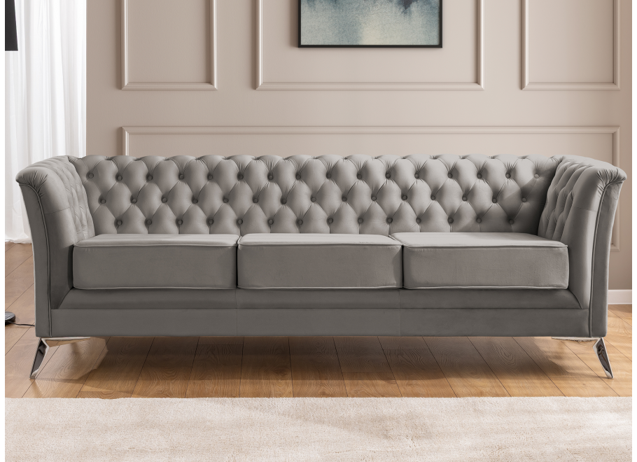 Chesterfield szara HASSO BIS – klasyczna sofa trzyosobowa na metalowych nogach 7