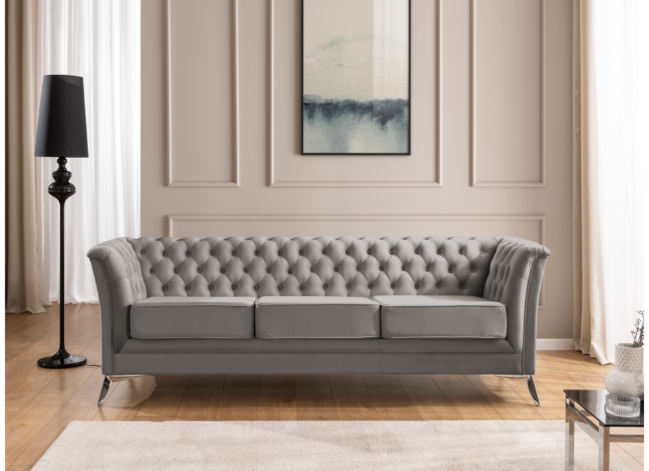Chesterfield szara HASSO BIS – klasyczna sofa trzyosobowa na metalowych nogach 8