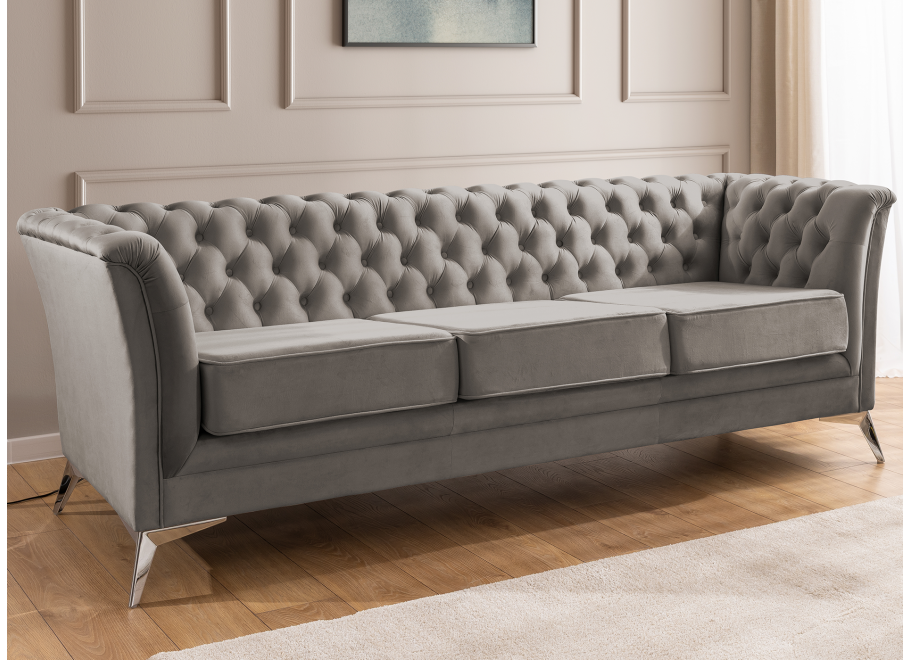 Chesterfield szara HASSO BIS – klasyczna sofa trzyosobowa na metalowych nogach 2