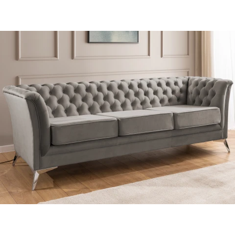 Chesterfield szara HASSO BIS – klasyczna sofa trzyosobowa na metalowych nogach