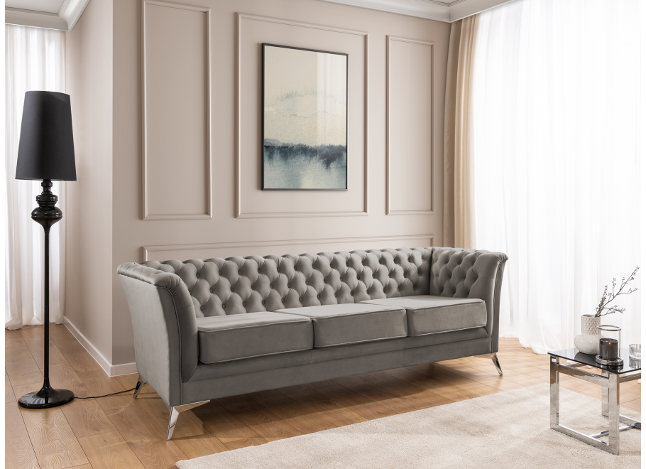 Chesterfield szara HASSO BIS – klasyczna sofa trzyosobowa na metalowych nogach 9