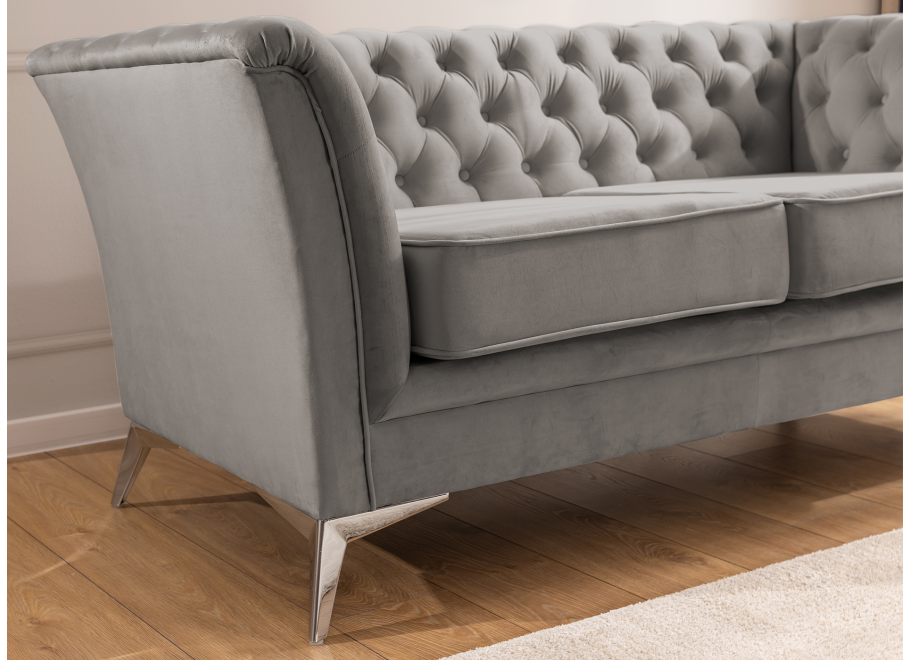 Chesterfield szara HASSO BIS – klasyczna sofa trzyosobowa na metalowych nogach 10