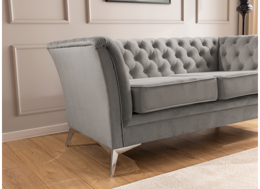 Chesterfield szara HASSO BIS – klasyczna sofa trzyosobowa na metalowych nogach 4